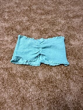 PINK Victoria's Secret Aqua Smocked Bandeau Swim Top with Ruffle Trim